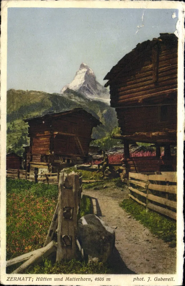 Zermatt; Hütten und Matterhorn, 4505 m — fot. J. Gaberell - Anverso