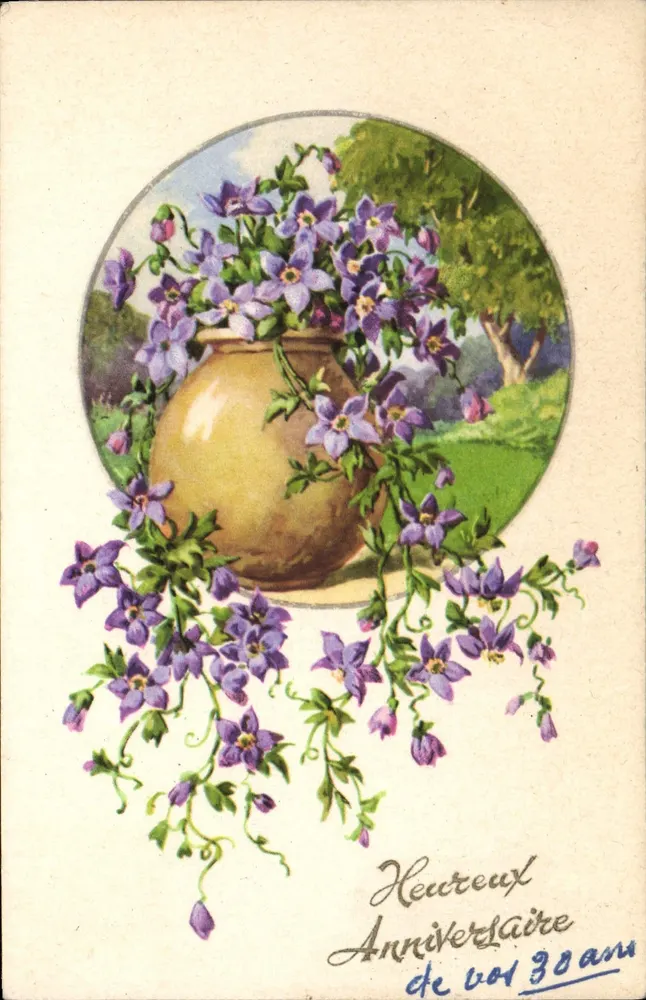 Flores violetas em um vaso — Aniversário de 30 anos — Carta postal ilustrada - Frente