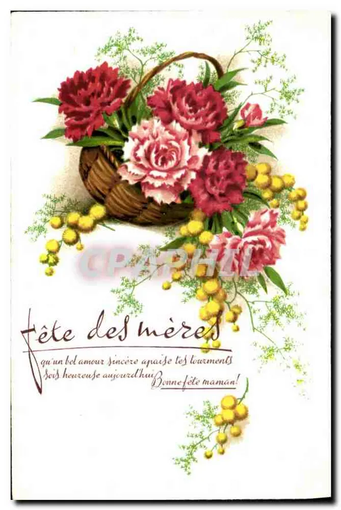 Muttertag — Rosenrosen und Mimosenstrauß — Serie 4.000, M.D. Paris - Vorderseite
