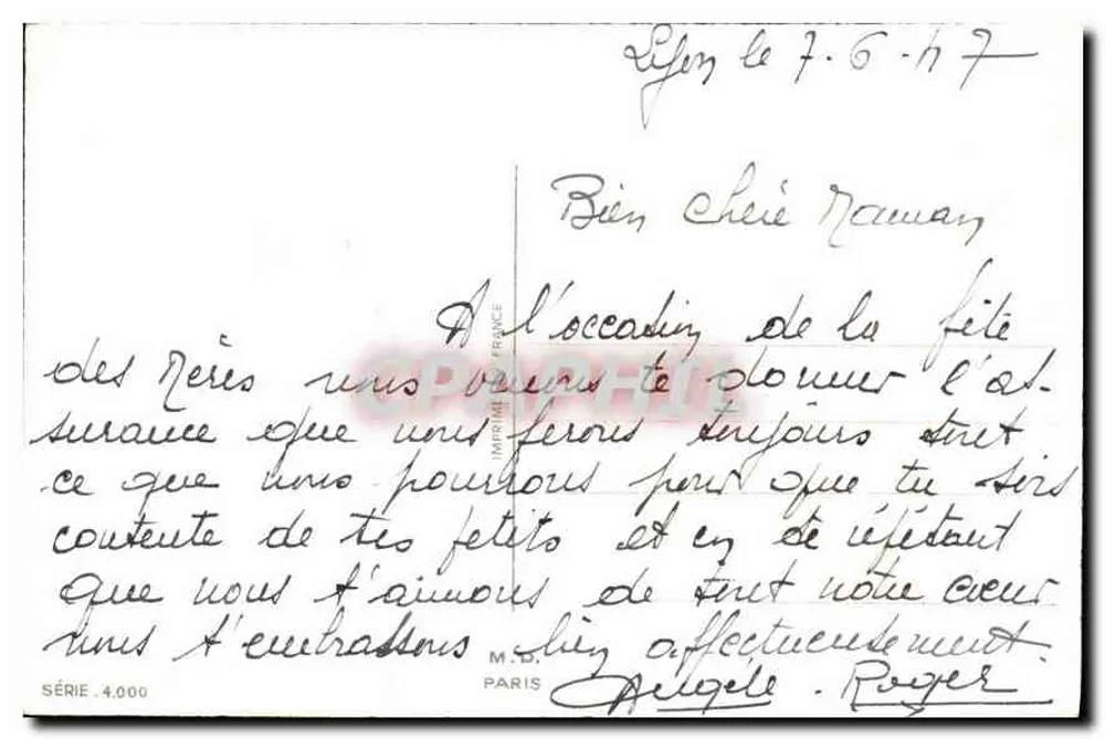 Muttertag — Rosenrosen und Mimosenstrauß — Serie 4.000, M.D. Paris - Rückseite