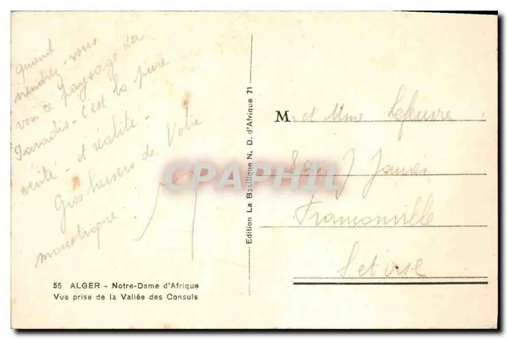 Alger - Notre-Dame d'Afrique — Ansicht aus der Tal der Konsuln — Edition La Basilique N. D. d'Afrique N°71 - Rückseite