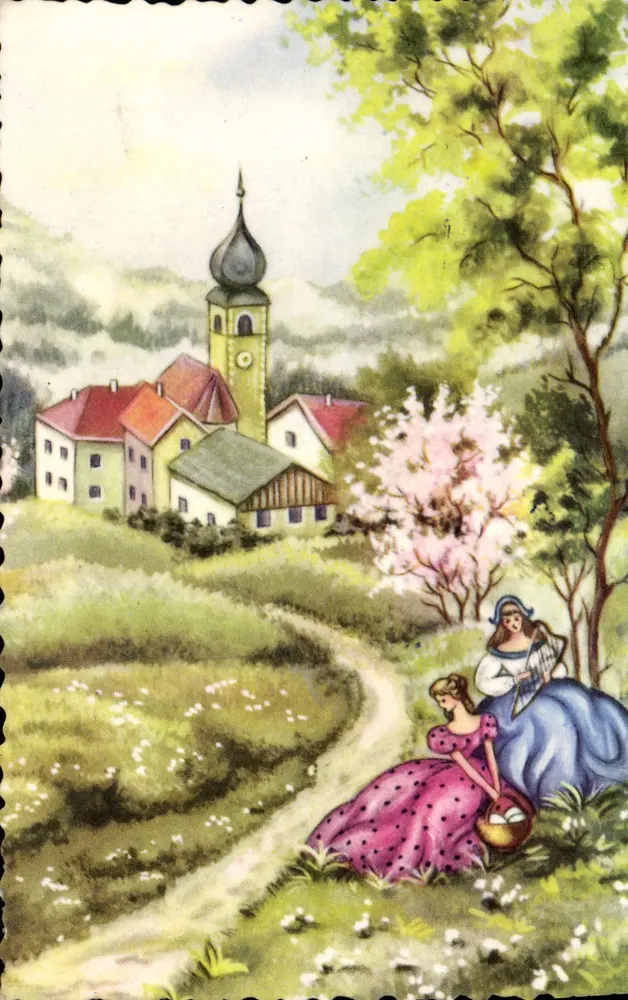 Vila alpina com igreja — duas jovens mulheres em vestidos de estilo antigo — editor Piktostockrom, n° 575 - Frente