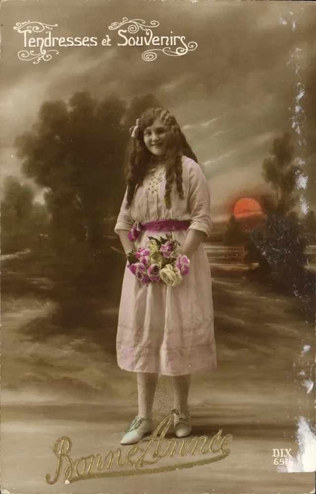 Fille en robe rose — scène de coucher de soleil — Tendresses et Souvenirs, DIX 691 - Frente