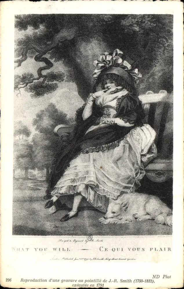 Mulher em vestido de estilo século XVIII — com cachorro — reprodução gravura de J.-R. Smith (1750-1812) — ND Phot, n°296 - Frente