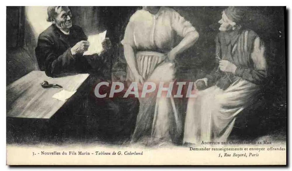 Adoption der Waisenkinder des Meeres — Nachrichten vom Seemannssohn — Gemälde von G. Cederlund — Verleger: 5, Rue Bayard, Paris - Vorderseite