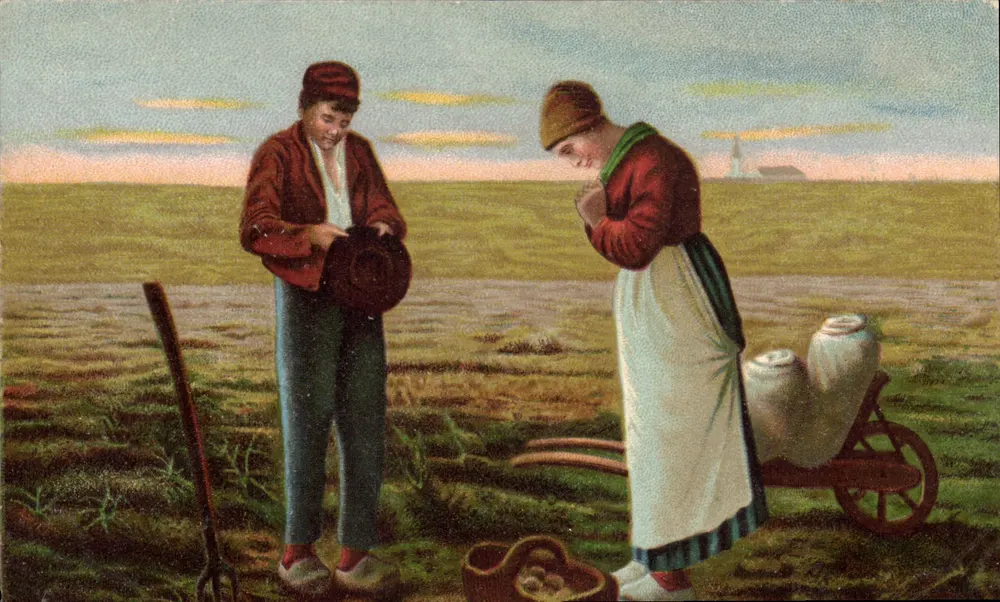 Jovens camponeses em um campo — cena de trabalho — K.P. Éditeurs Paris, Série 558 - Frente