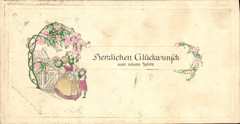 Félicitations pour le Nouvel An — ilustração de mulher e criança sob um treliçado de rosas — editor não identificado - Frente