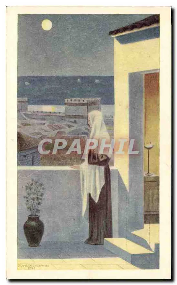 Mulher em vestido escuro e véu branco — vista noturna do mar — ilustrada por M. L. Marais — editada por Bouasse & Cie - Frente