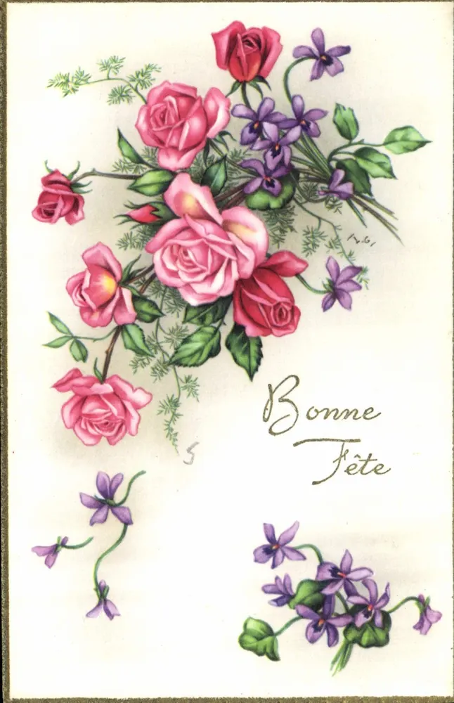 Arranjo de rosas e violetas — Boa Festa — editor não visível, n° de série 5 - Frente