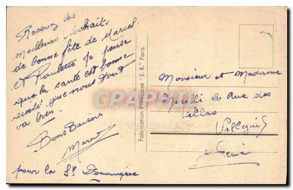 Arranjo de flores de pensamento — Boa Festa — Fabricação Francesa 'E.R.' Paris - Verso