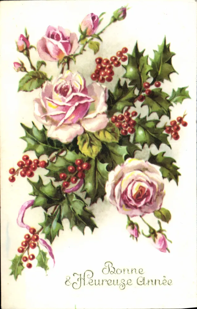 Buquê de rosas e hortência — Boa & Feliz Ano — datada 31 de dezembro de 1945 - Frente