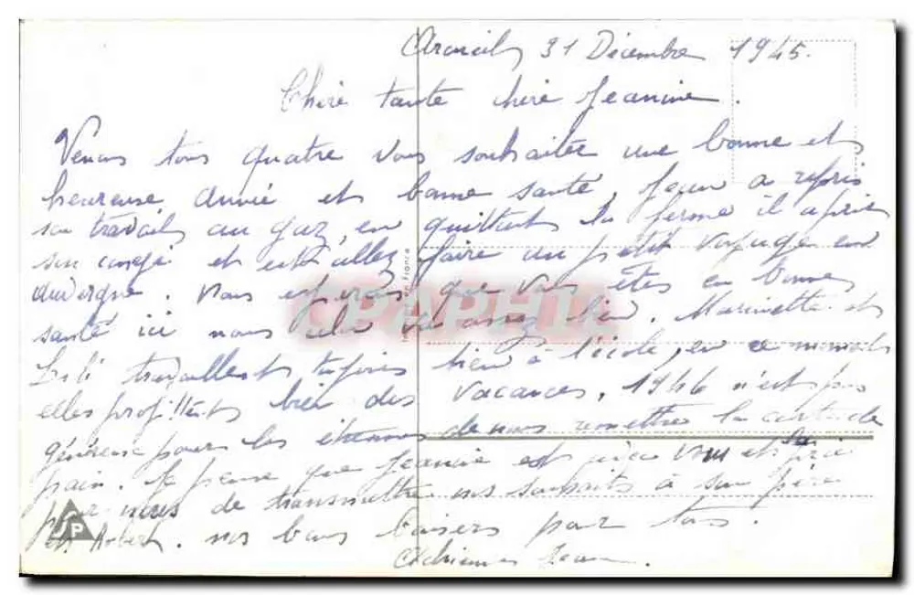 Buquê de rosas e hortência — Boa & Feliz Ano — datada 31 de dezembro de 1945 - Verso
