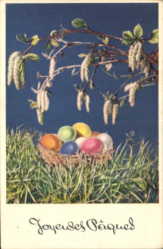 Arranjo de galhos de salgueiro e cesta de ovos coloridos — Feliz Páscoa — editor não visível - Frente
