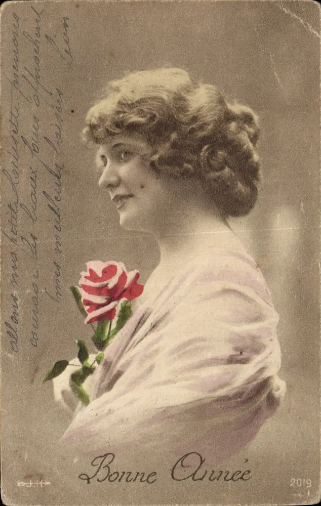 Frau mit einer Rose — Frohes Neues Jahr — E.J.K. 2019 - Vorderseite