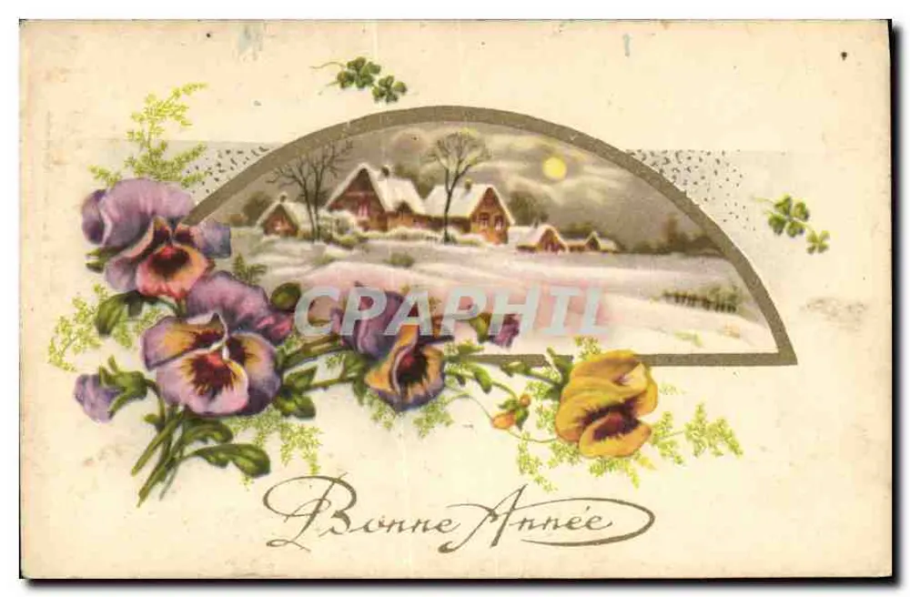 Pansies e paisagem invernal — Boa Ano — Phototchrom, n°82 - Frente