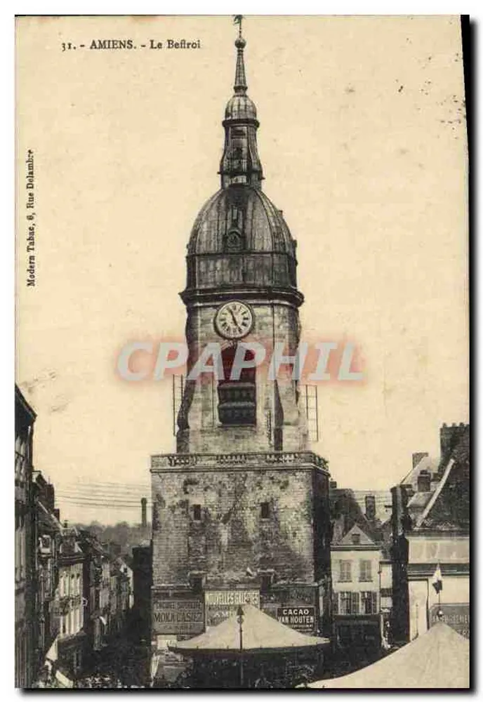 Amiens - A Torre da Campanha — vista da torre com relógio — Modern Tabac, 6, Rue Dolamblé - Frente
