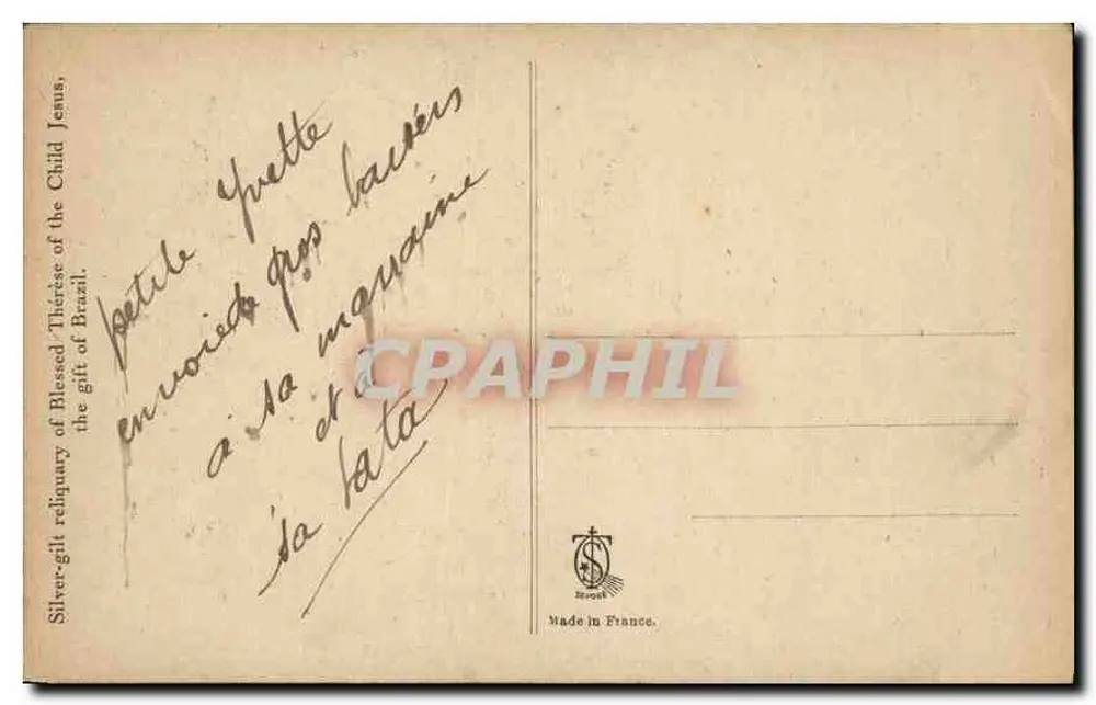 Pequena cápsula da B.° Thérèse do Menino-Jesus — em prata dourada, oferecida pelo Brasil - Verso