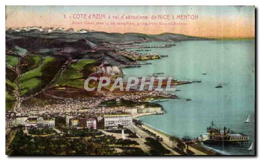 Côte d'Azur vista de avião, de Nice a Menton — editor J. Gilletta et Cie, n°1 - Frente