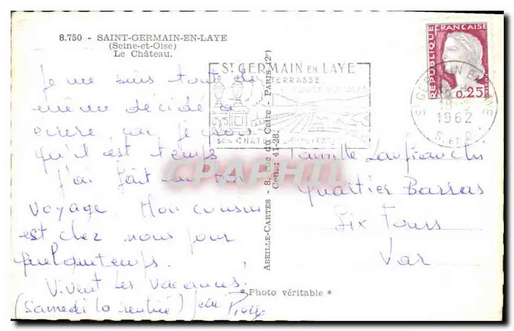 O Castelo de Saint-Germain-en-Laye — vista geral — editor ABEILLE-CARTES, n° 8.750 - Verso
