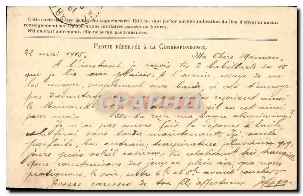 Correspondência das Forças da República — Carta em franquia — Expedidor: 23º Esquadrão, 5º Esquadrão, Setor Postal n°101 — Destinatário: Senhora P. Bouvier, Montbrison, Loire - Verso