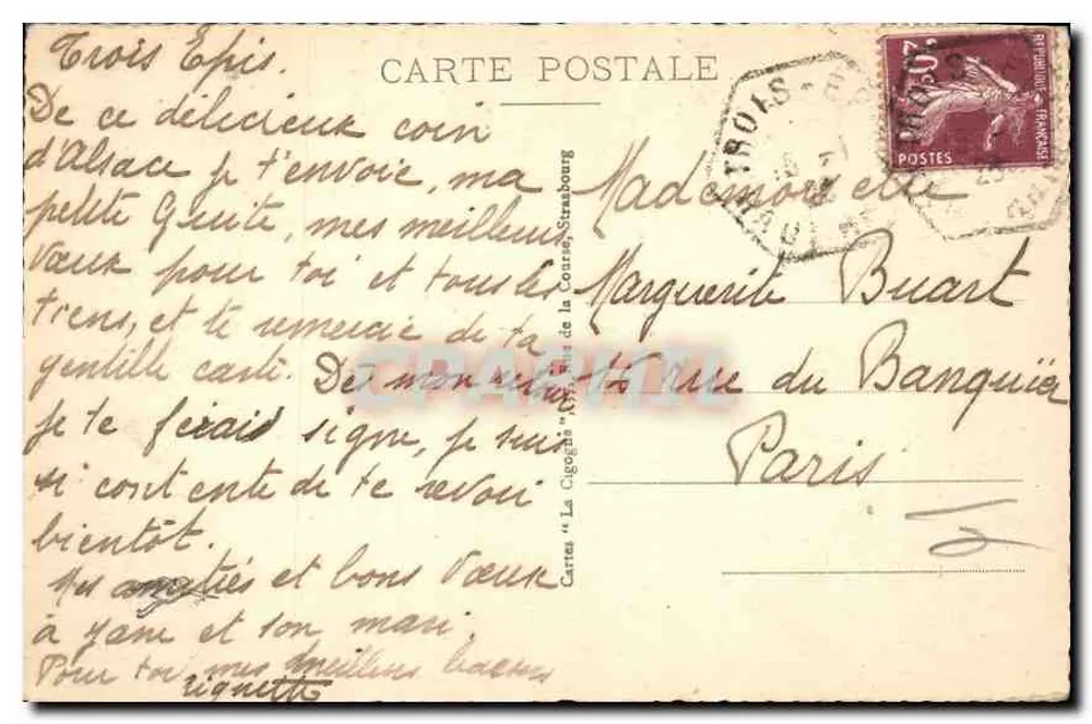 Trois Épis (alt. 700 m.) — vista panorâmica dos edifícios e do paisagem — Carta « La Cigogna » da Coursa - Verso