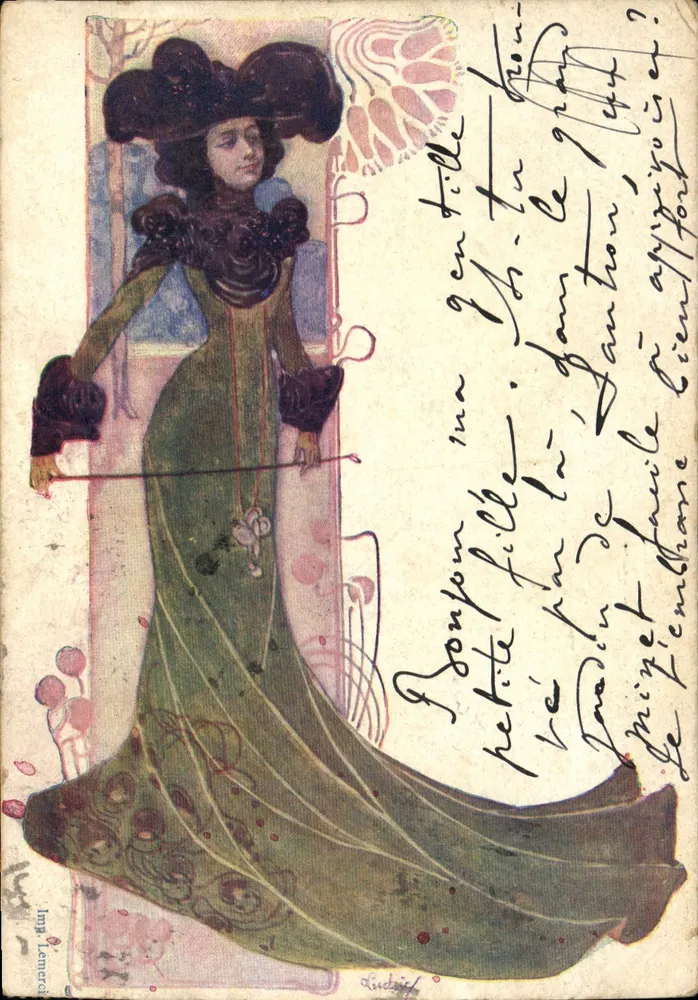 Mulher em vestido verde e chapéu — estilo Art Nouveau — Imp. Lemeret, Nîmes - Frente
