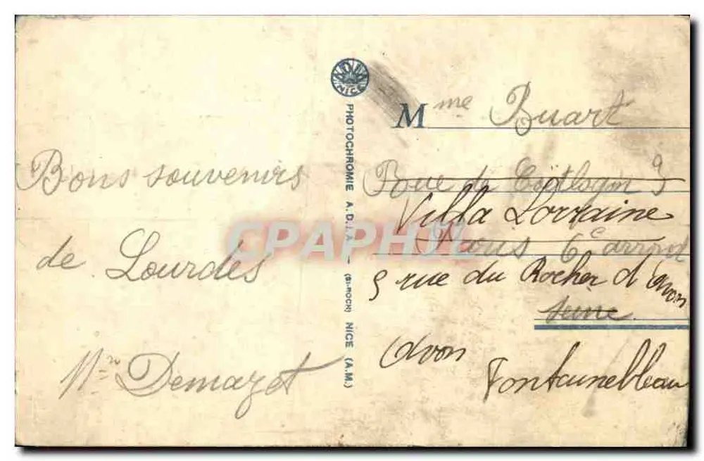 Lourdes — A Basílica e o Gave — Fotocromia A.D.M. NICE, n°2613 - Verso