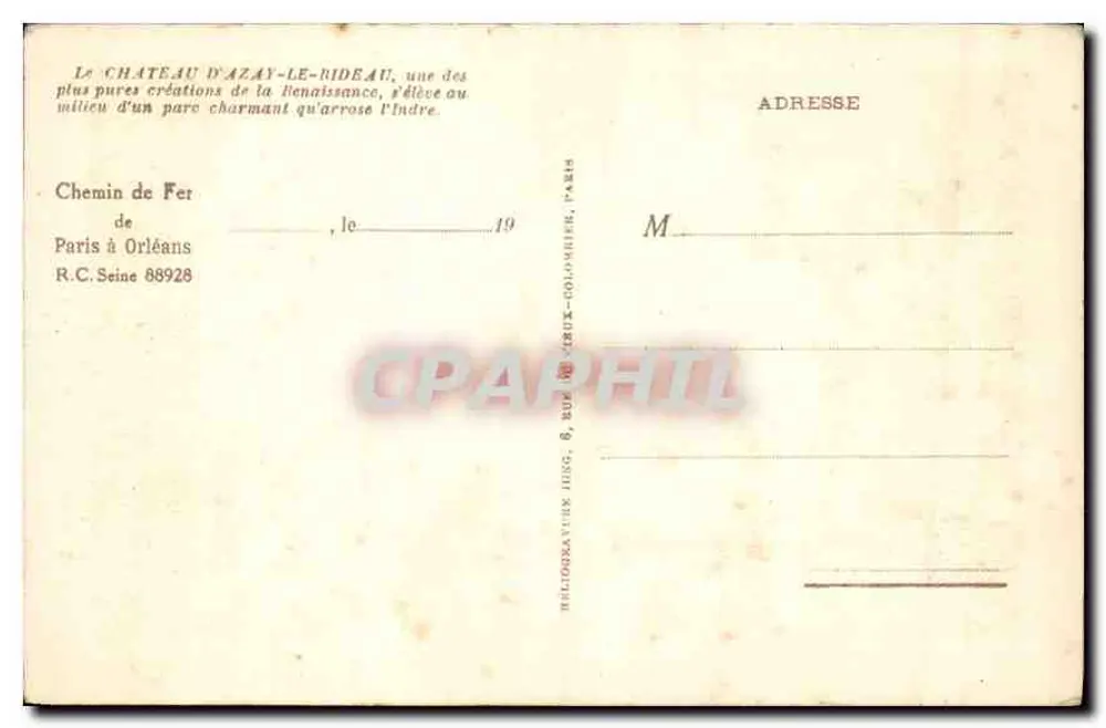 Zamek Azay-le-Rideau — widok zamku — wydawca R.C. Seine 88928 - Rewers