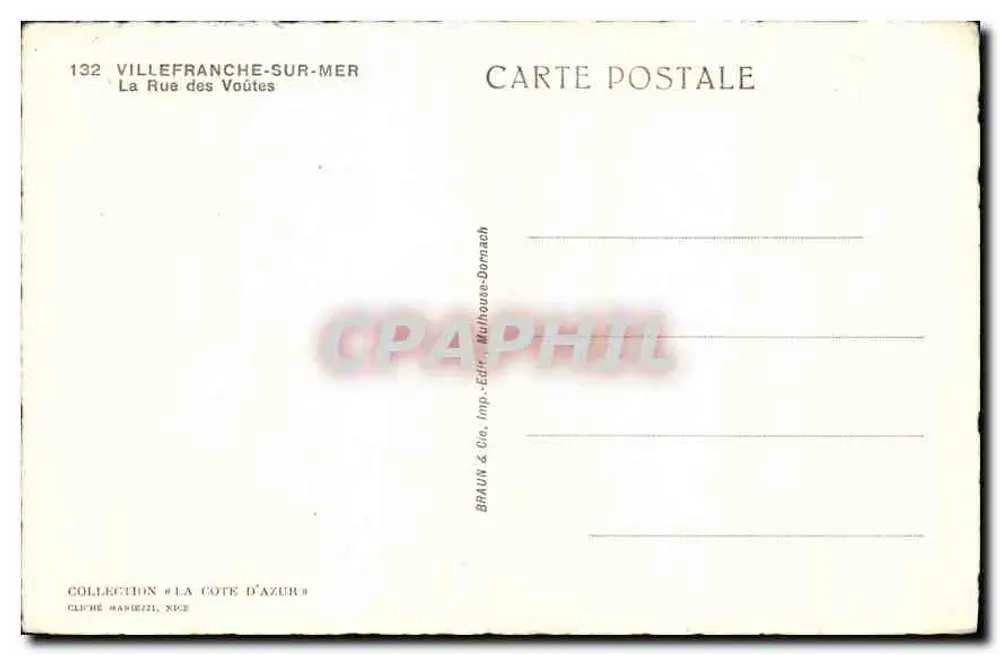 Villefranche-sur-Mer — La Rue des Voutes — Braun & Cie, imp. Édit. Mulhouse-Dornach - Rückseite