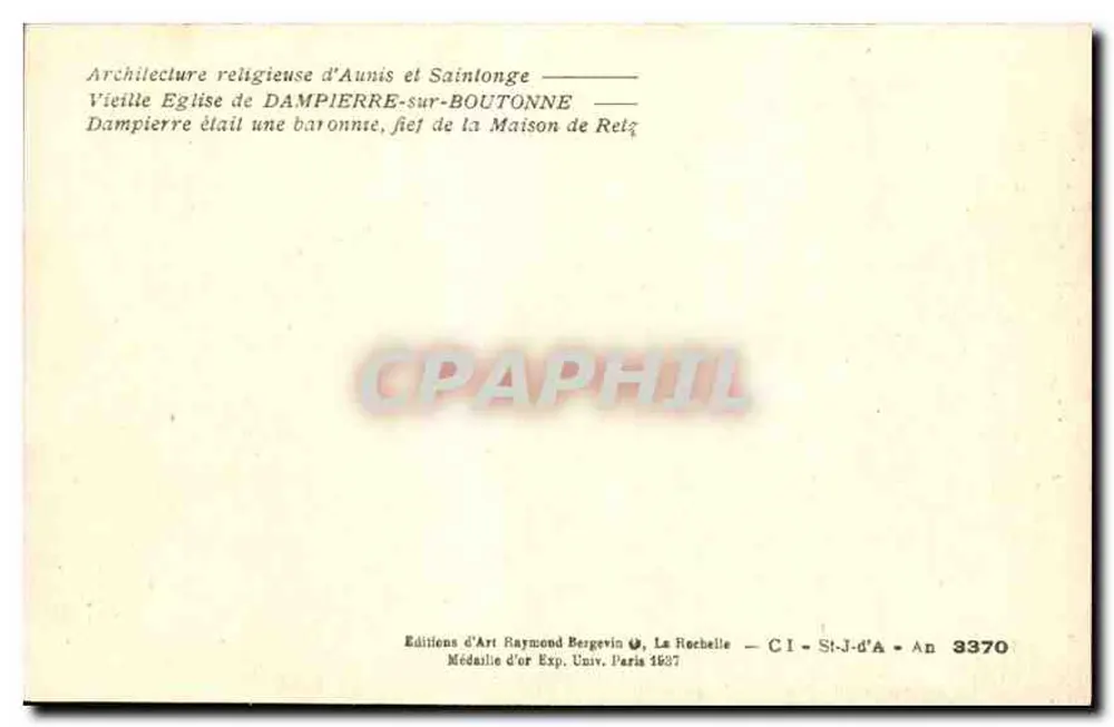 Église de Dampierre-sur-Boutonne — Architecture religieuse d'Aunis et Saintonge — Éditions d'Art Raymond Bergevin - Verso