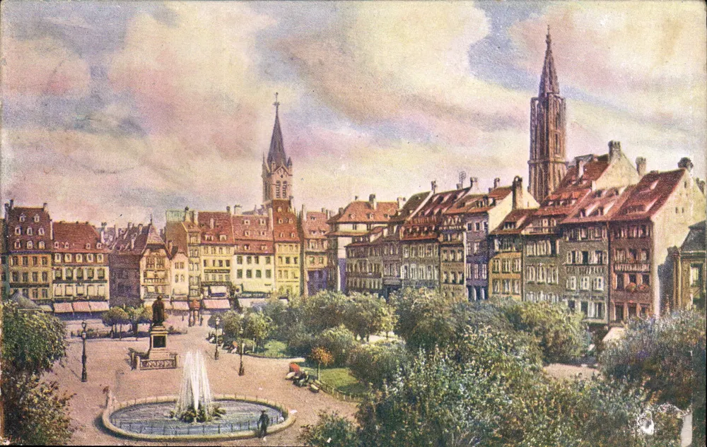 Place Kleber w Strasburgu — wizja z fontanną i kościołami — Tuck's Postkarte, seria 'Oilette' n°107 - Awers