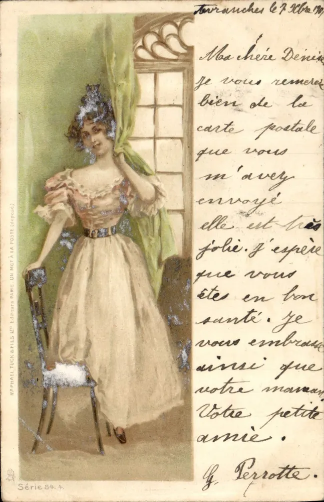 Femme en robe à volants — scène intérieure avec rideau — éditeur Raphael Tuck & Fils, série 34.4 - Vorderseite