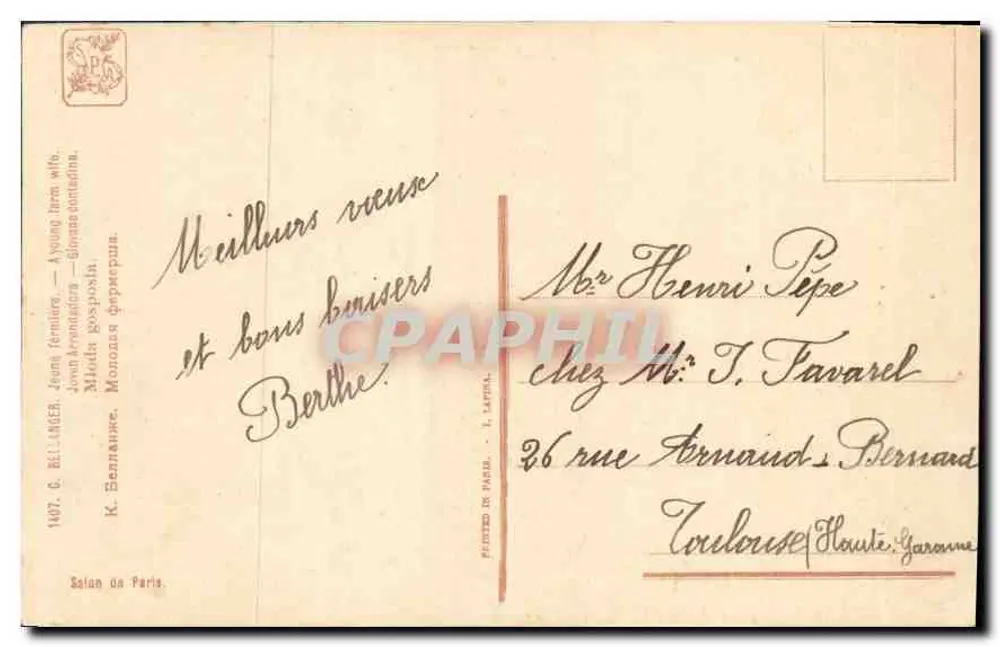 Jovem agricultora — A young farm wife — K. Bellanger, Salon de Paris, n°1407 - Verso