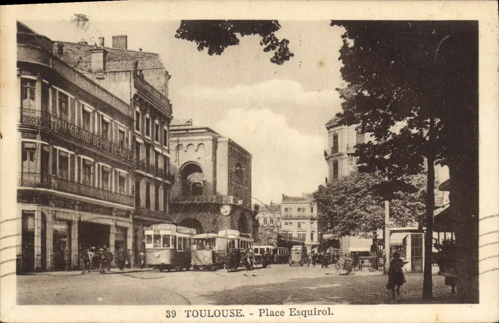 Toulouse - Place Esquirol — trêm e edifício com inscrição 'Grand Dépôt de Cafés' — editor G. Litzmann, n°39 - Frente