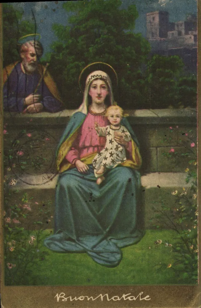 Santa Maria e o Menino Jesus — cena de Natal — editor desconhecido, número de série não visível - Frente