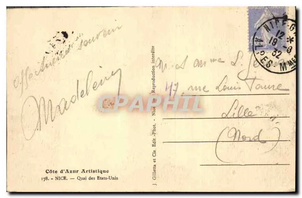 Ansicht der Strand von Nizza — Hotel und Segelboote — Verlag J. Gilletta, Nr. 178 - Rückseite