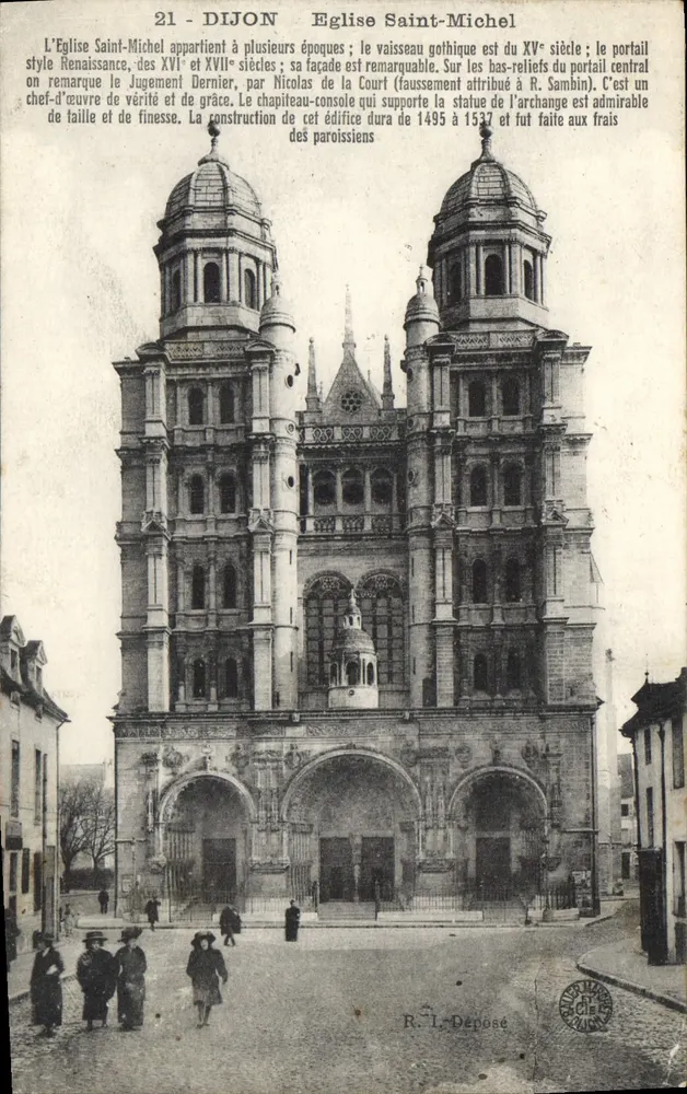 Dijon - Kerk van Sint-Michaël — uitzicht op de gevel met de twee torens en het centrale portaal — R. L. Déposé - Voorkant