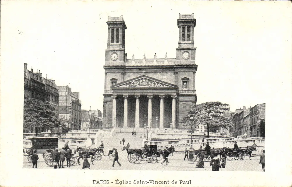 París - Iglesia de San Vicente de Paúl — vista de la fachada neoclásica con caballos y carruajes — editor Donnet, número de serie no visible - Anverso