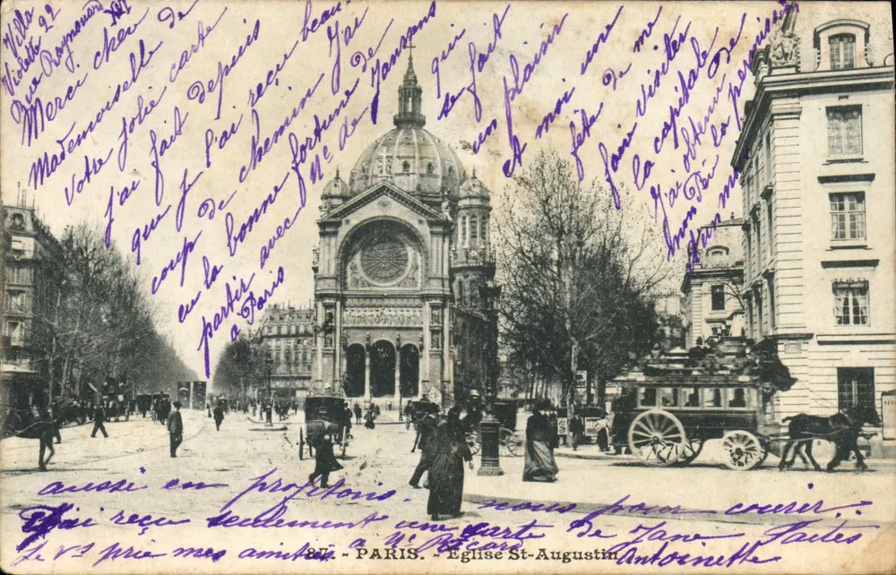 Paris - Igreja de São Agostinho — vista da praça com carruagem e pedestres — editor não visível - Frente