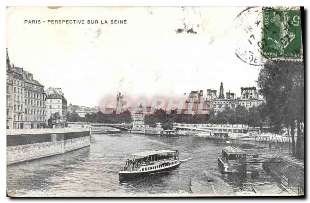 Paris - Perspective sur la Seine — vue de la Seine avec bateau touristique et quai, éditeur non visible - Frente