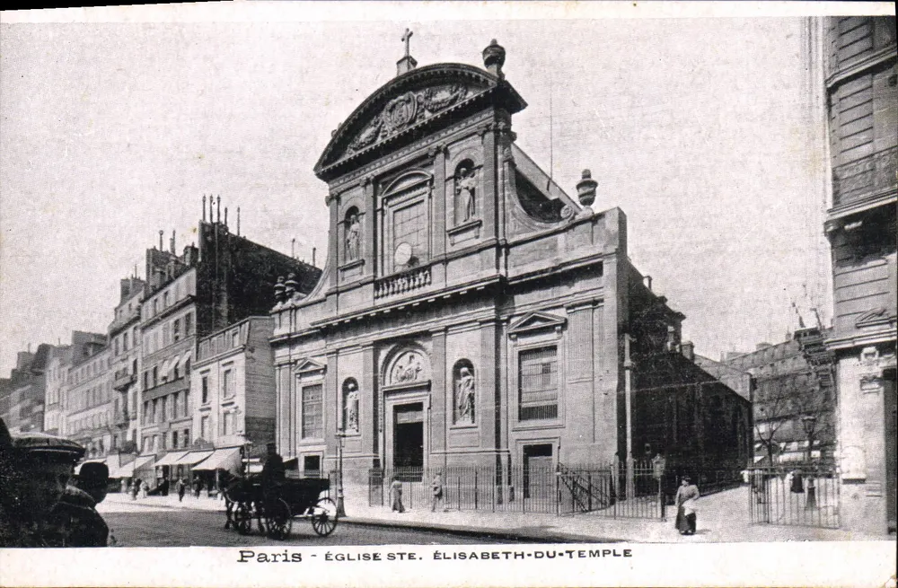 Paris - Igreja de Santa Elisabeth-du-Temple — vista da fachada com carros e pedestres - Frente