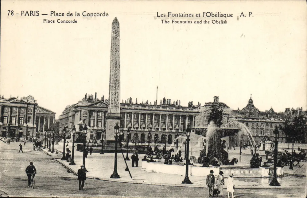 Paris — Place de la Concorde — Die Fontänen und der Obelisk — A.P. - Vorderseite