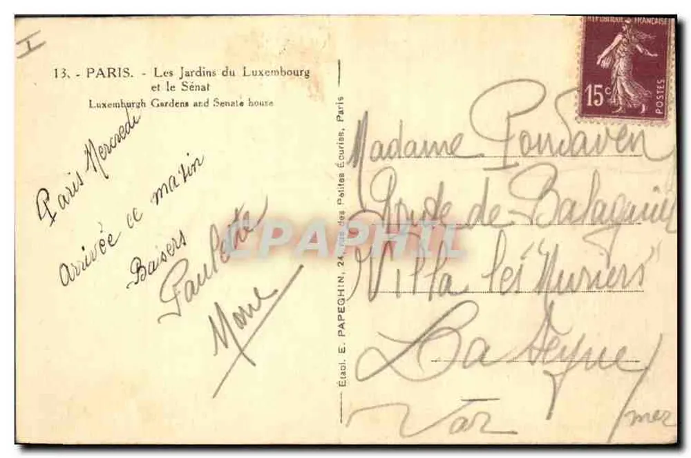 Die Luxembourg-Gärten und der Senat — Paris — Verlag E. Papeghin, Nr. 13 - Rückseite
