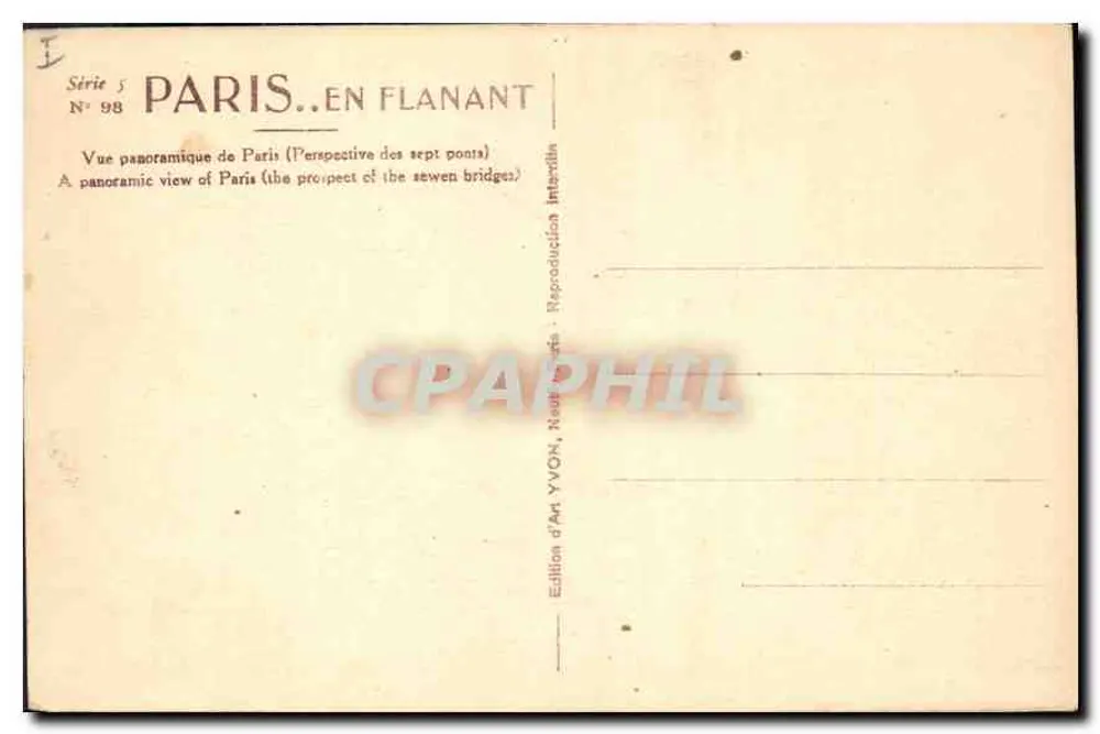 Paris — Panoramablick auf die sieben Brücken — Künstleredition YVON, Serie 5 Nr. 98 - Rückseite