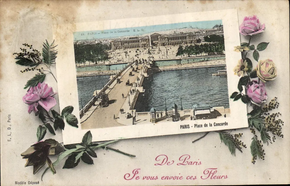 Paris - Place de la Concorde — E.L.D. — mit Rosen und Blättern verziert - Vorderseite