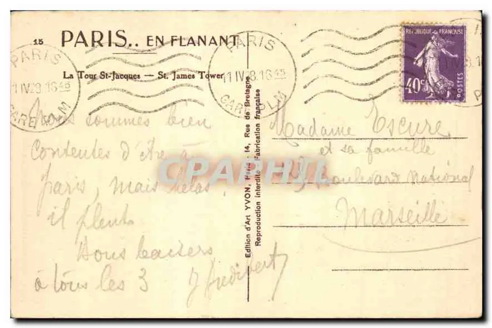 La Tour St-Jacques — Torre de San Jacobo — Edición Artística YVON, París - Reverso