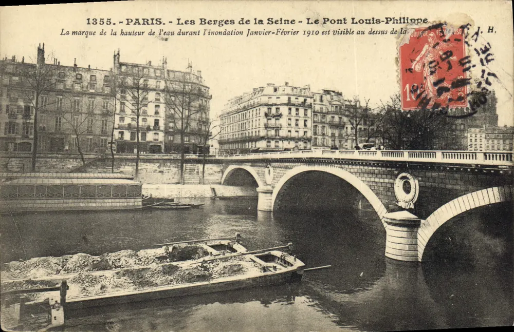 Paris - Die Ufer der Seine - Die Brücke Louis-Philippe — Wasserstandsmarkierung von Januar-Februar 1910 — Verlag J.H. - Vorderseite