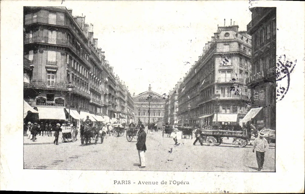 PARIS - Avenida da Ópera — vista urbana com carruagens e edifícios — editor Tedesco Frères - Frente