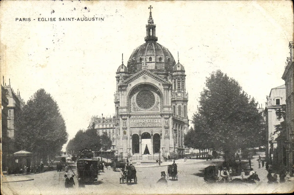 Paryż — Kościół św. Augustyna — widok fasady z kopułą i ulicą z ruchem - Awers