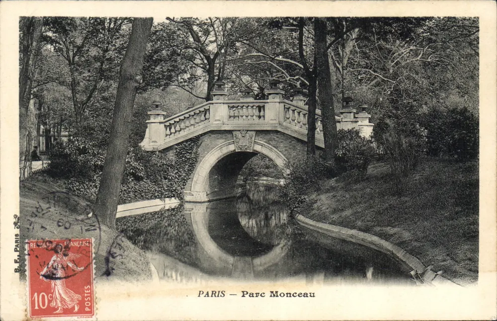 Paryż — Park Monceau — Most nad kanałem — wydawca B.E. Paryż - Awers